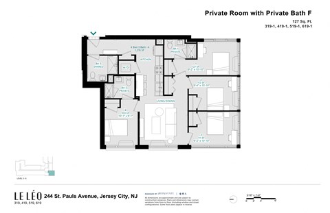 A floor plan of a private room with a private bath.